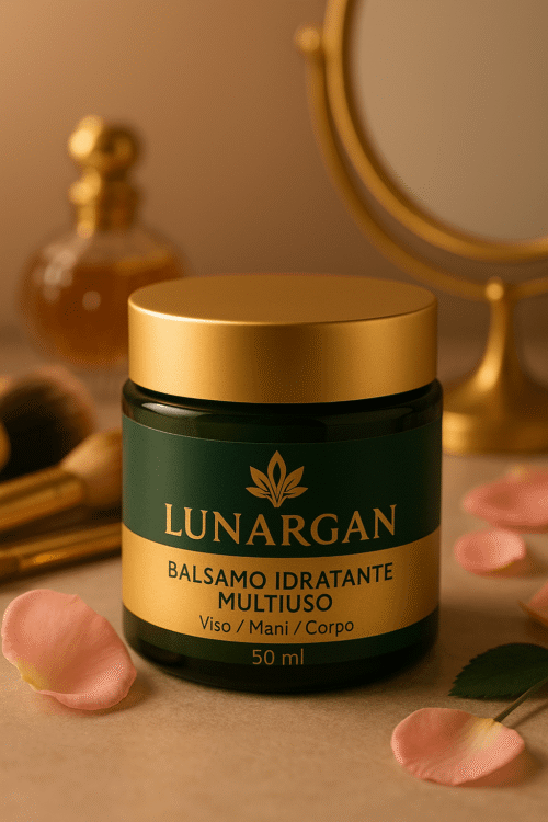 Balsamo idratante verde scuro con etichetta oro, circondato da petali e pennelli.