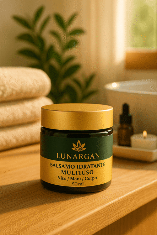 Cosmetico naturale Lunargan per viso, mani e corpo con tappo dorato.