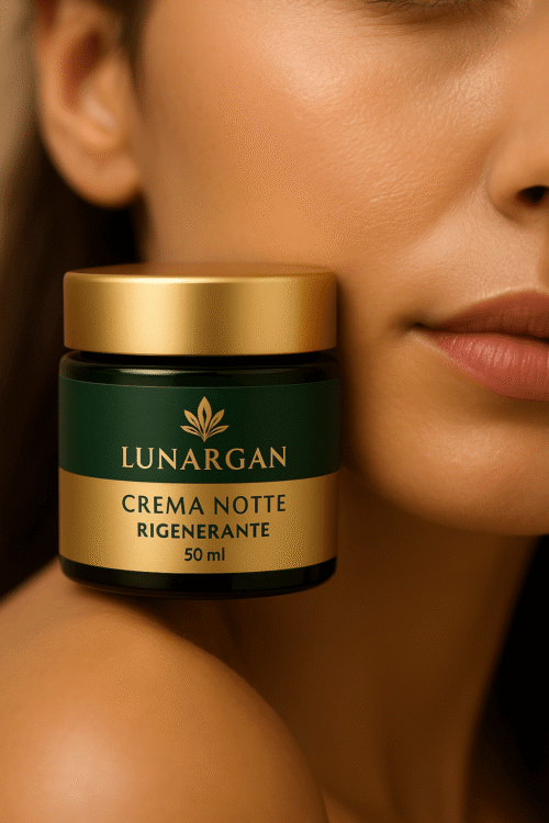Cosmetico notturno Lunargan in scena beauty con rosa e luce calda, trattamento rigenerante.