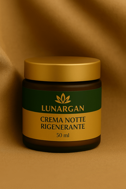 Crema Notte Rigenerante Lunargan da 50 ml, su sfondo neutro elegante.