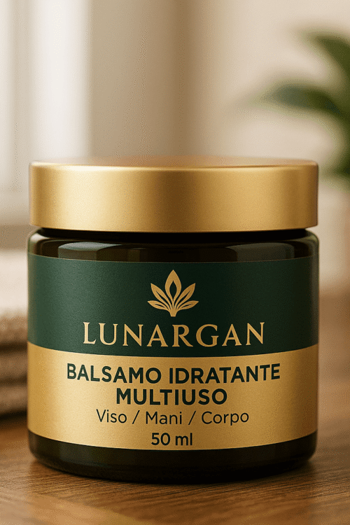 Barattolo da 50 ml di Balsamo Idratante Multiuso Lunargan su fondo beauty.