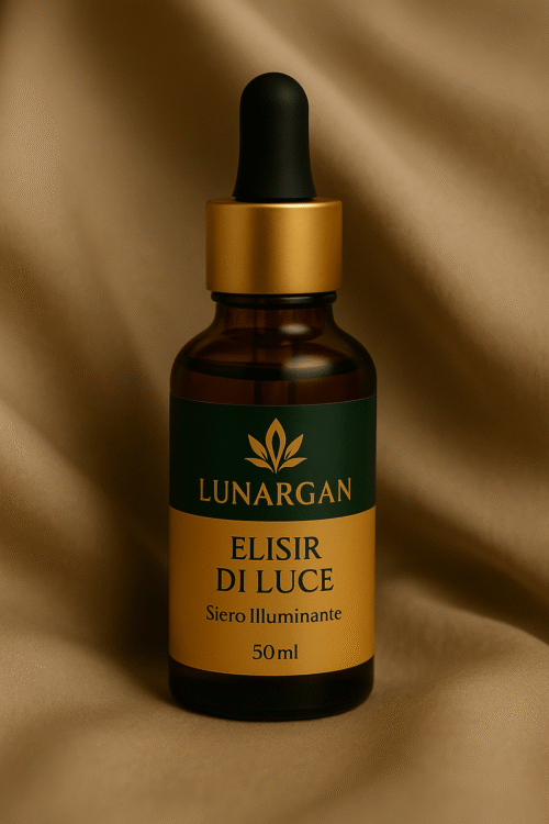 Front view of Lunargan Elisir di Luce – 50ml illuminating serum bottle on beige silk background.