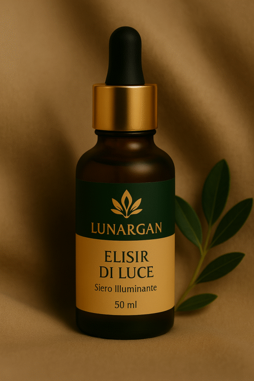Front view of Lunargan Elisir di Luce – 50ml illuminating serum bottle on beige silk background.