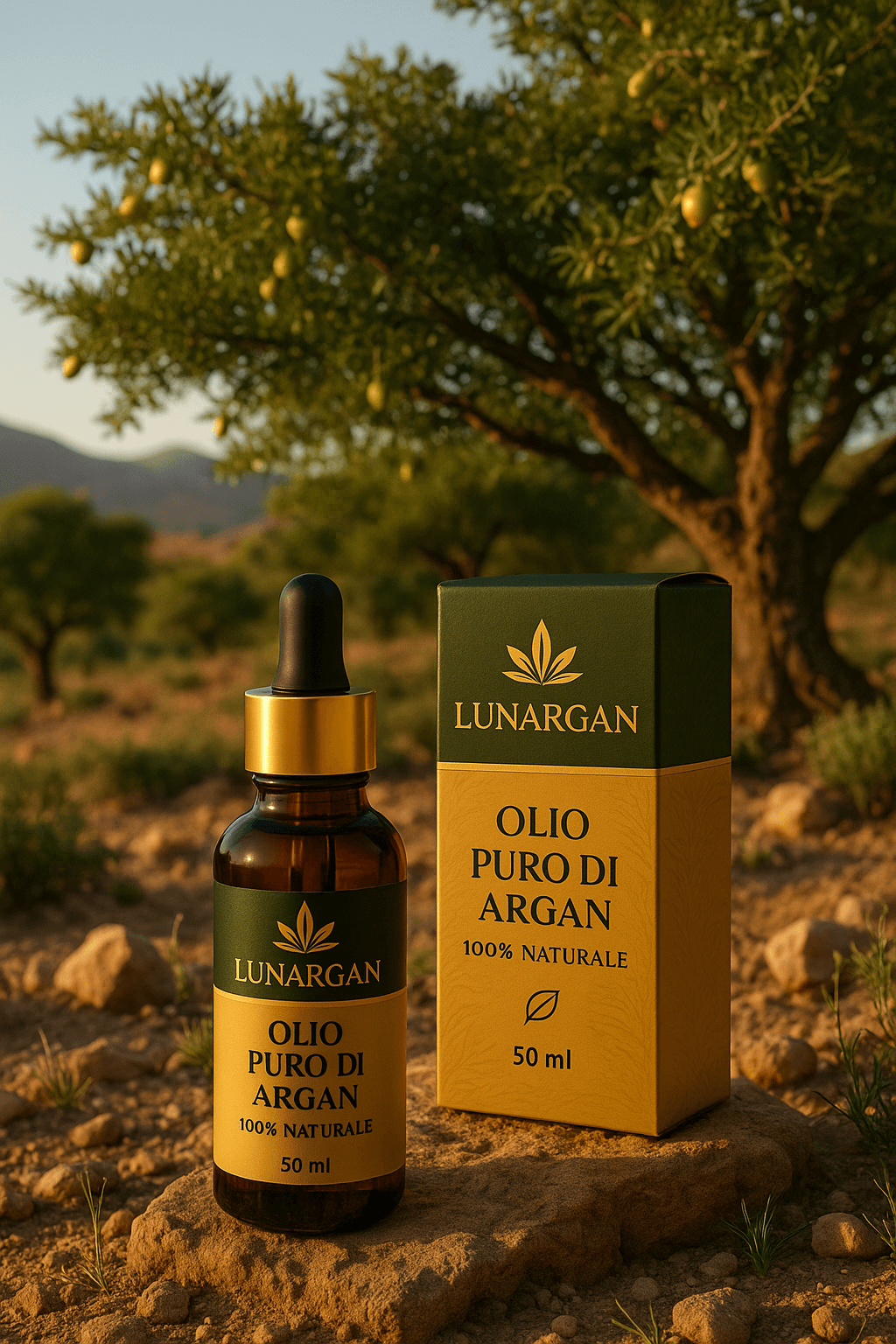 Lunargan olio di argan puro 100% 50 ml, flacone con astuccio, pelle luminosa e idratazione profonda