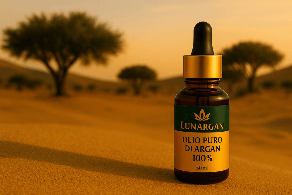 Immagine hero con prodotti Lunargan all’olio di Argan puro al 100%, su tessuto beige con luce naturale – marchio cosmetico biologico di lusso.